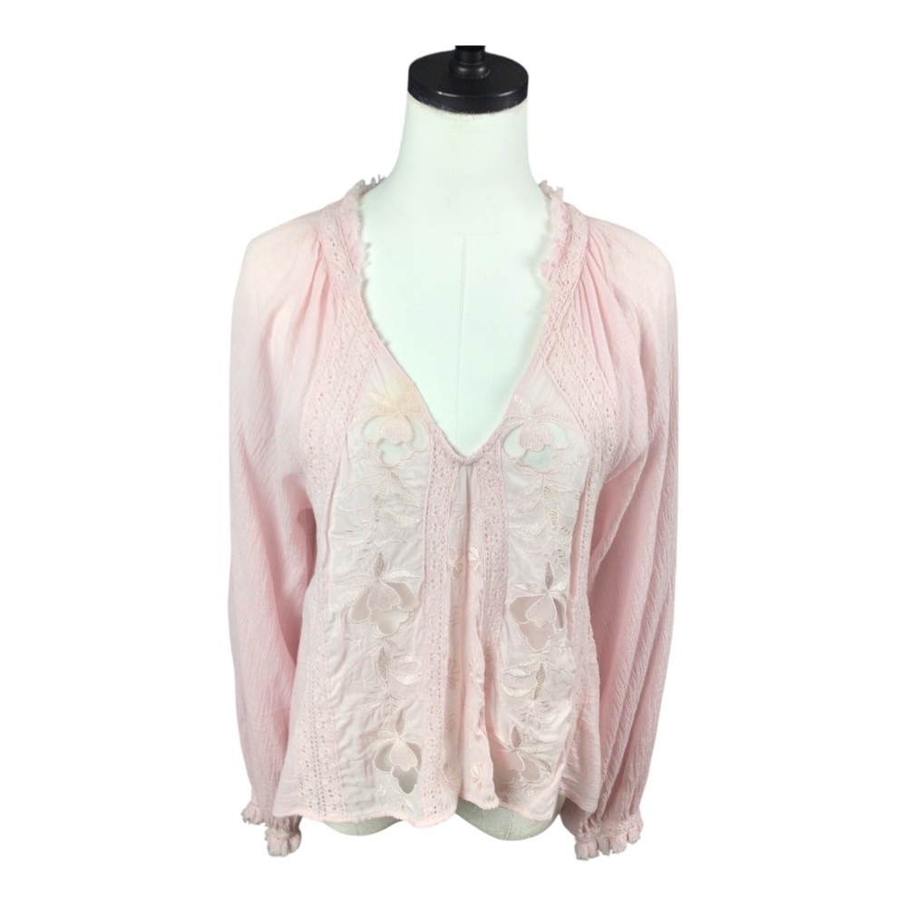 Free People Medium Light Pink Feminine Floral Embroidered Lace Blouse